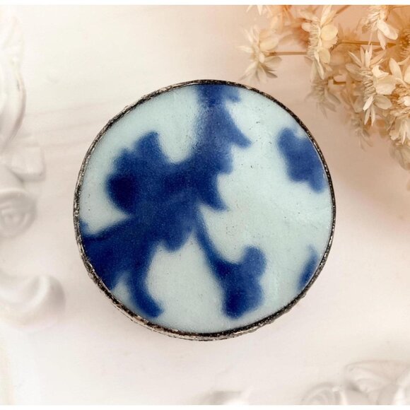 Other - Japanense Handmade Blue Ceramic Floral Painted Oval Trinket | jewelry | Ring Box